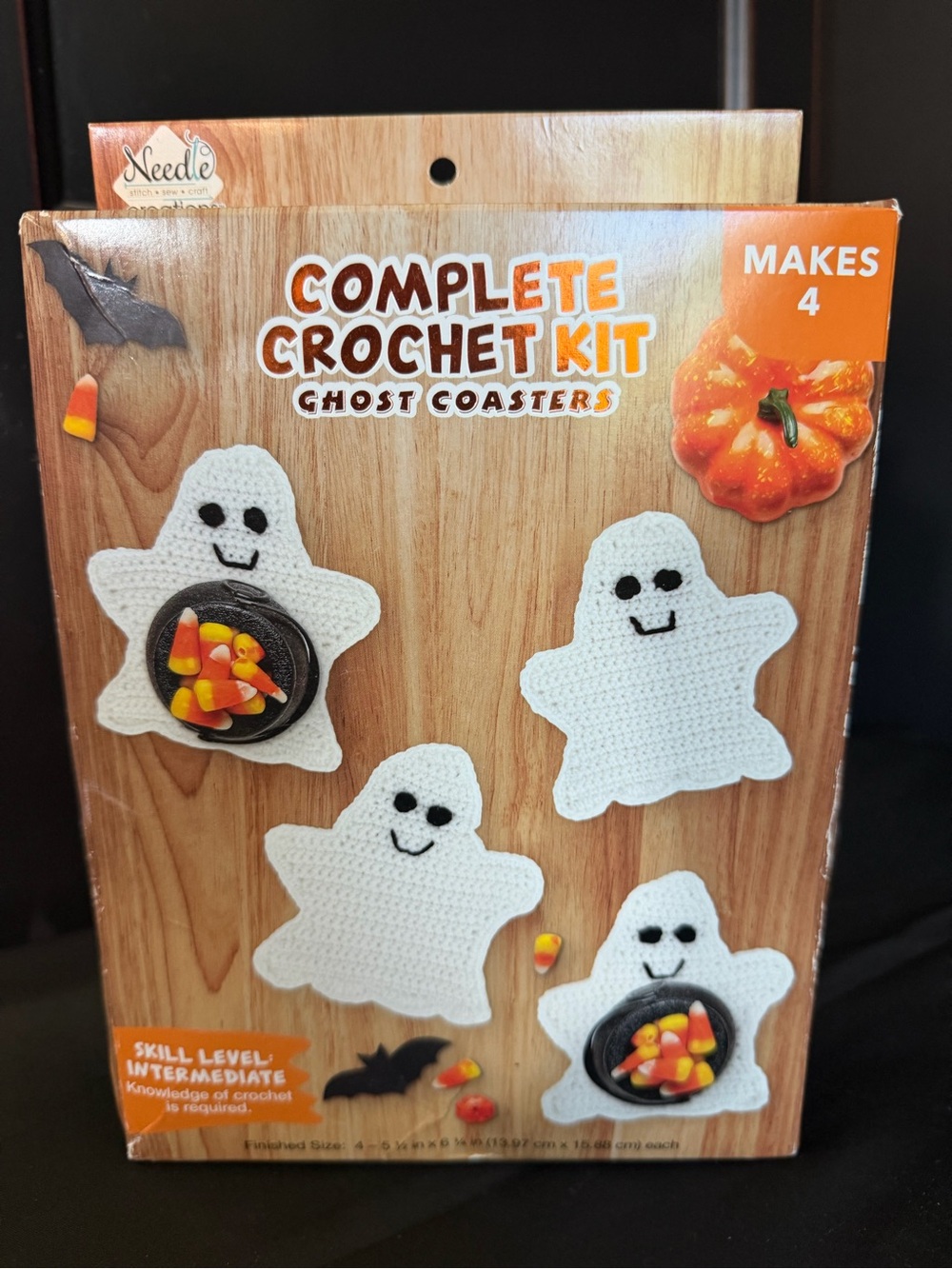 Needle Creations Complete Crochet Kit - White Ghost Coasters (Makes 4). NEW